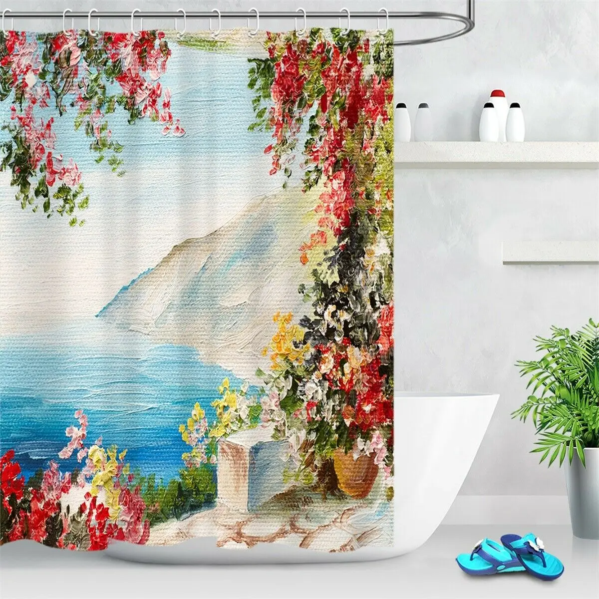 

Vintage Oil Painting Flowers Seascape Fabric Shower Curtain Set Bathroom Decor