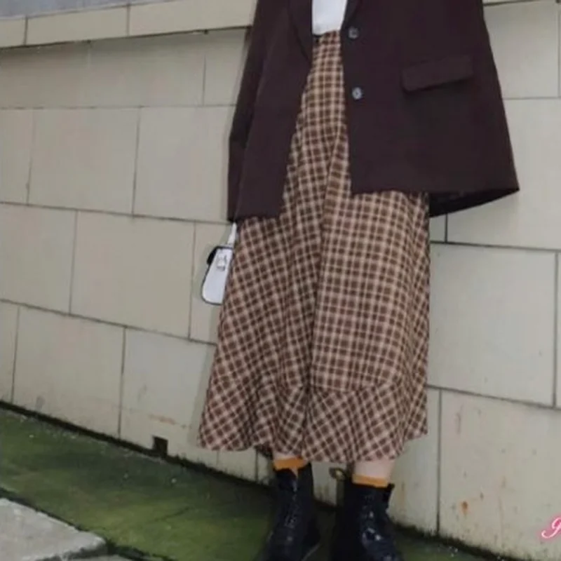 

2021 Chic Irregular Plaid Skirts Womens Spring Japanese High Waist Faldas Mujer Casual New Sweet All Match Femme Jupe