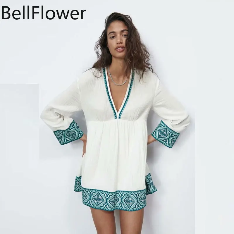 

Long Sleeve Mini Dress Clothing Women Sexy Draped V-Neck Casual Loose White Elegant XS Vintage Printing Party Korean Dress 2021