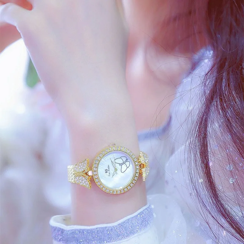 Unique Design Shell Dial Butterfly Rhinestone Ladies Watch Korean Style Gold Silver Waterproof Quartz Office Ladies Watches 2021