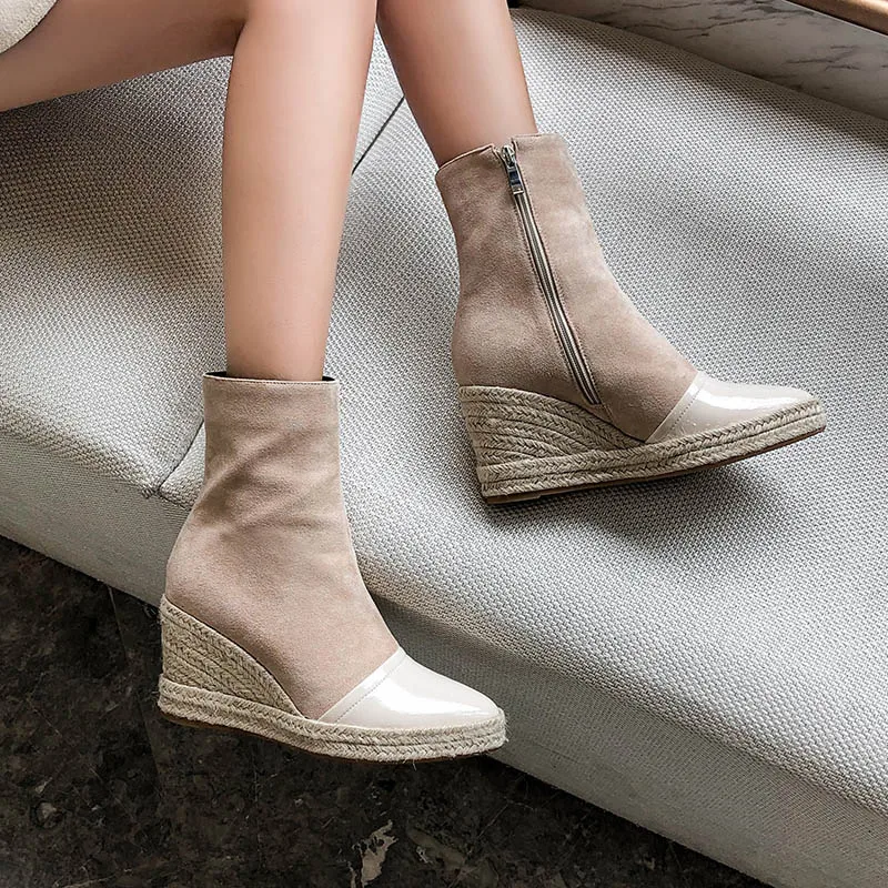 Черные женские замшевые ботинки Phoentin на танкетке с застежкой молнией 2019