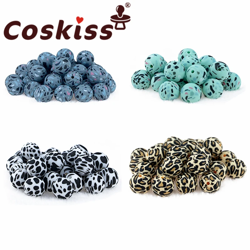 Coskiss-Cuentas de silicona con estampado de leopardo para beb&eacute;, mordedor de grado alimenticio, impresi&oacute;n redonda, manualidades, mordedor seguro, sonajero, 50 Uds., 12/15mm-0