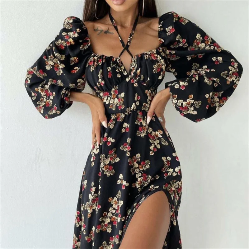 

Платье женское средней длины с цветочным принтом, квадратным вырезом и высоким разрезом