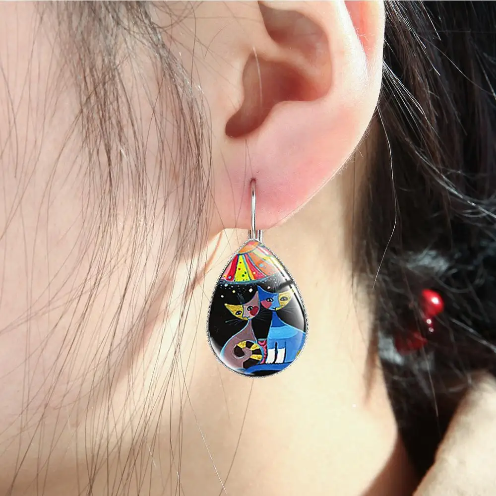 Абстрактные парные коты художественная живопись капли воды серьги комикс стиль