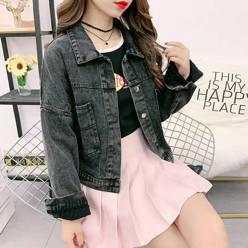 

2021 spring new loose short denim jacket women's big pocket polo collar versatile casual top fashion