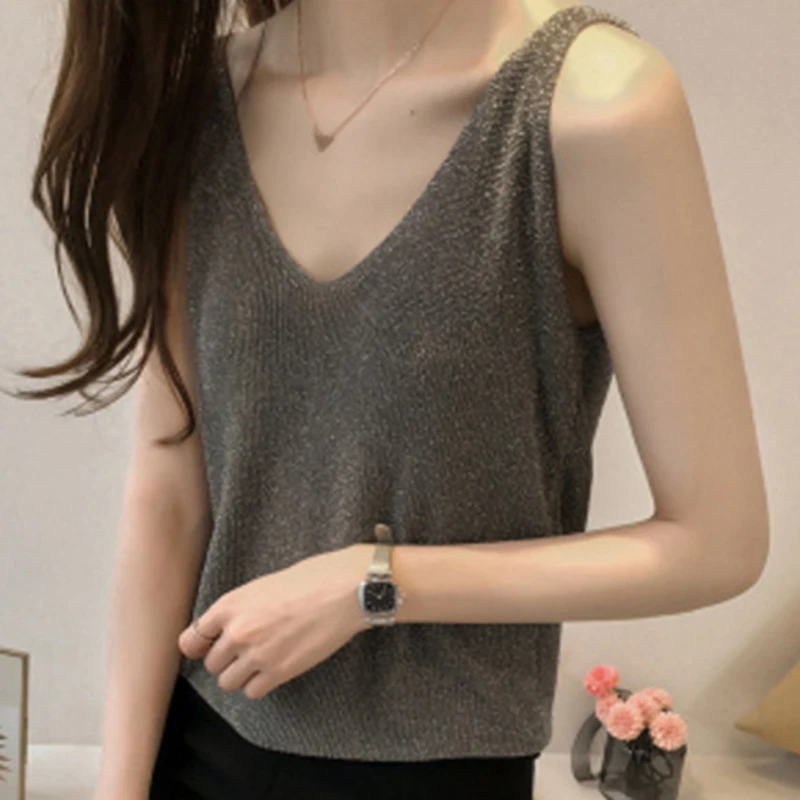 Women Sleeveless Tank Tops Sexy Female V-Neck Knitted Camisole Club Girls Camis Thin Shiny Glitter Bling Knitting Crop Tank Tops