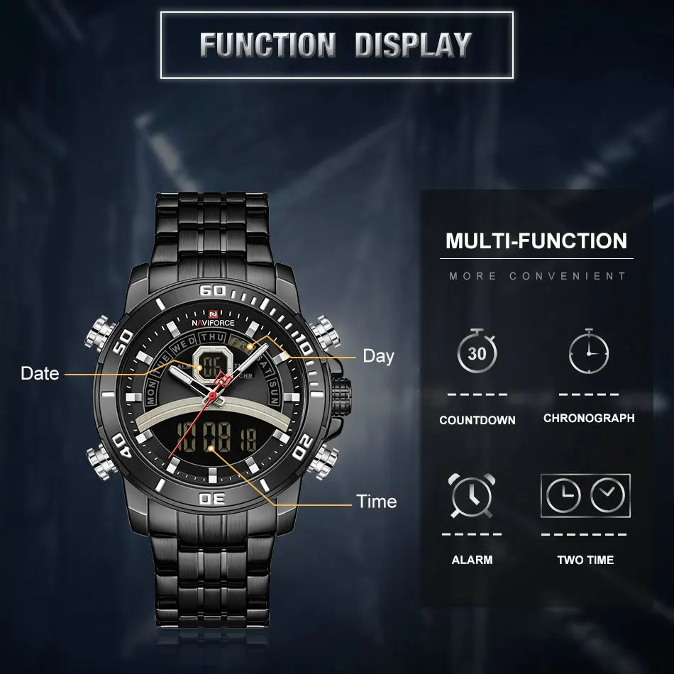 

NAVIFORCE Dual Time Chronograph Watch Men Sports Analog Digital Clock Waterproof Quartz Wristwatch Military Male relogio 2020