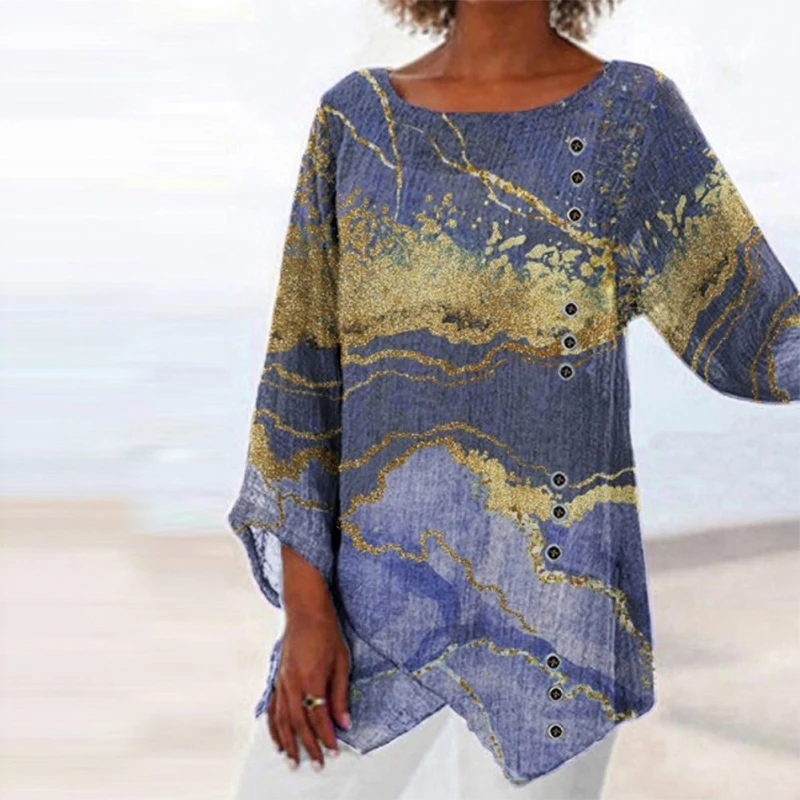 

Women Casual O Neck Irregular Long Blouses Autumn Retro Chic Map Print Loose Shirts Top 2021 Fashion Long Sleeve Pullover Blusas