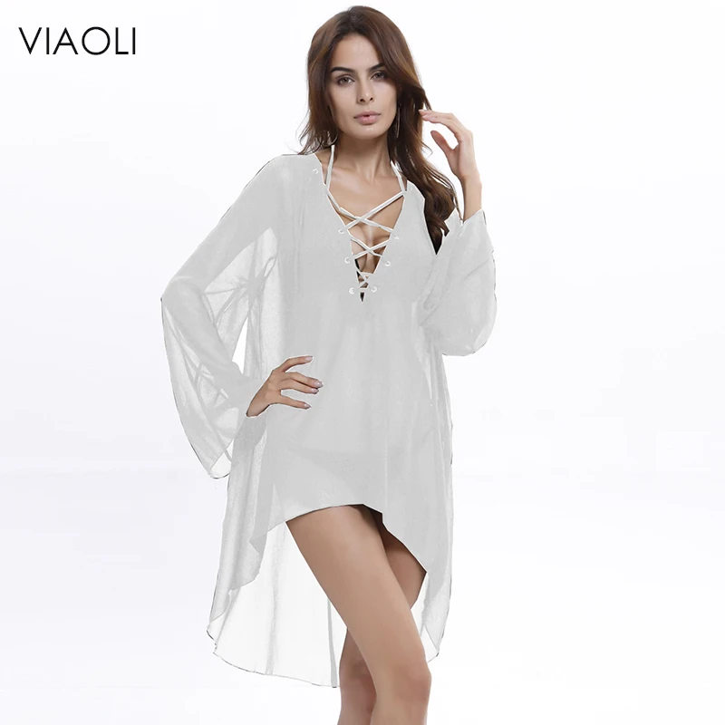 Новинка Пляжная накидка VIAOLI парео с длинным рукавом Шифоновая для бикини