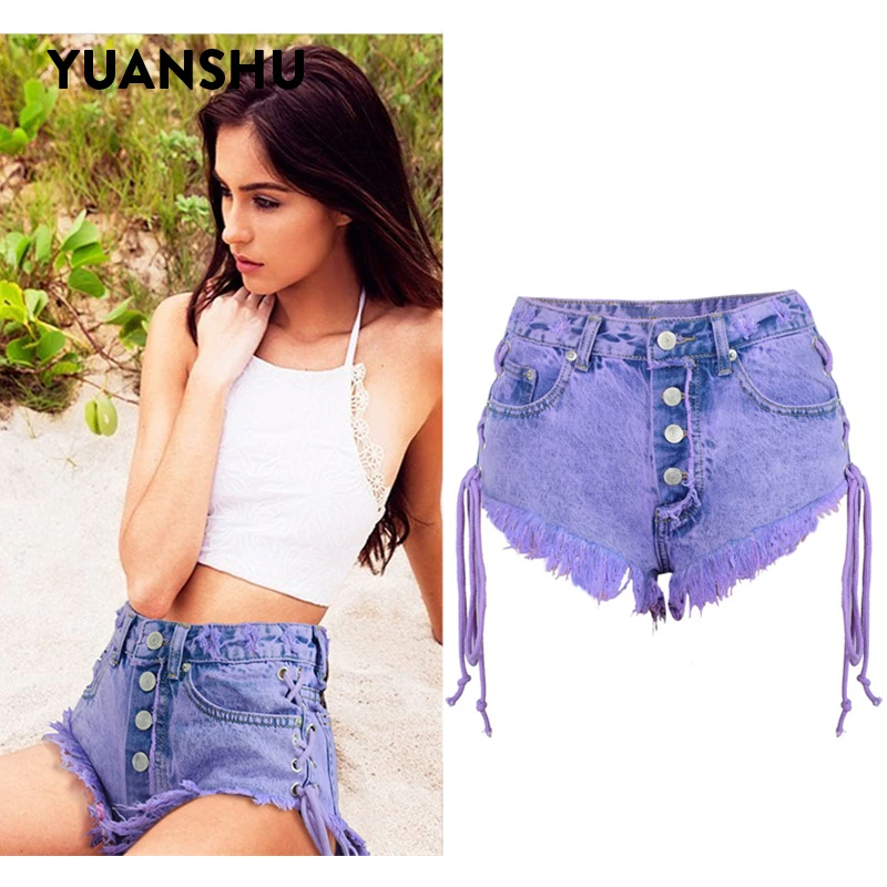 

Шорты женские джинсовые с завышенной талией, модные короткие джинсовые шорты из потертого денима с двойными боковыми лямками, фиолетовые, н...