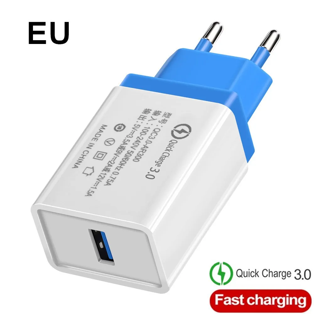 EU Blue EU/US быстрое зарядное устройство QC 3,0 для мобильных телефонов через USB кабель для зарядного устройства для быстрой Зарядное устройство стены Зарядное устройство для samsung Xiaomi huawei iphone X, 6, 7, 8, 11 Зарядное устройство - Тип штекера: EU Blue