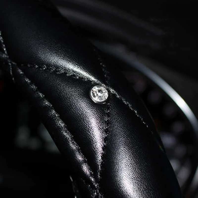 

Fashion Female PU Leather Car Crown Diamond Steering Wheel Cover Car Handle Cover Car Accessories Interior Decoration Gift