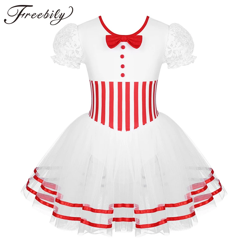 Kids Lace Short Sleeves Striped Gymnastics Leotard Girls Mesh Tutu Ballet Figure Skating Dress Stage Performance Dance Costume