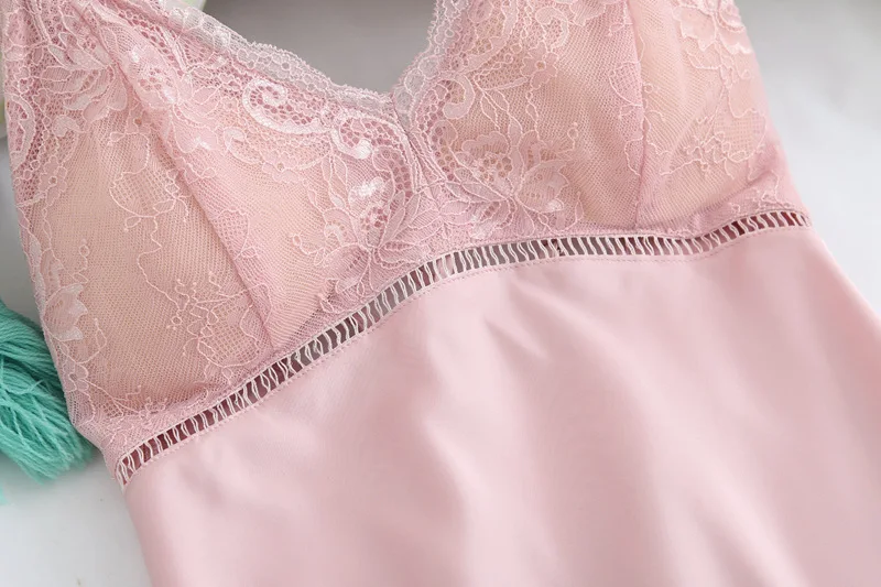 

Lace Trim Sleepwear Sexy Nightgown Women Summer Chemise Nightwear Satin Home Dressing Gown V-Neck Nightdress Intimate Lingerie