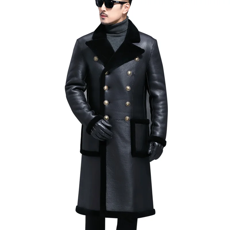 

Мужское длинное пальто из овечьей шерсти, облегающее двубортное теплое пальто из натурального меха для офиса, зима 100%