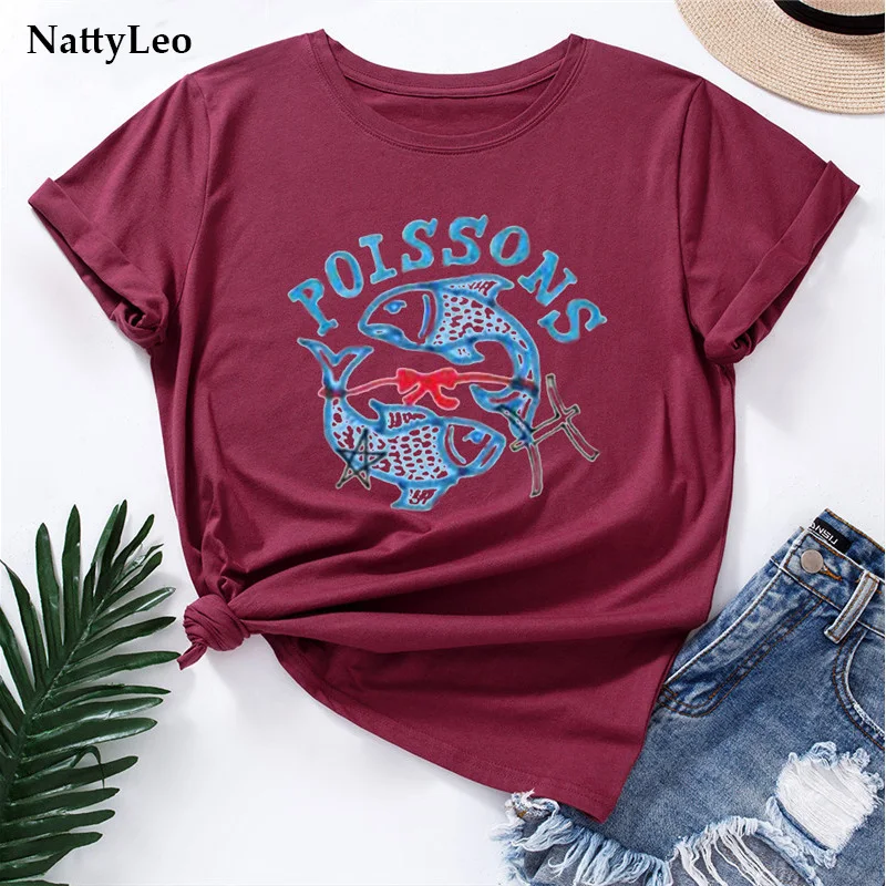 

Summer Loose Women TShirt Constellation Poissons Print T Shirt 100%Cotton O Neck Short Sleeve Oversized Tee Plus Size Femme Tops