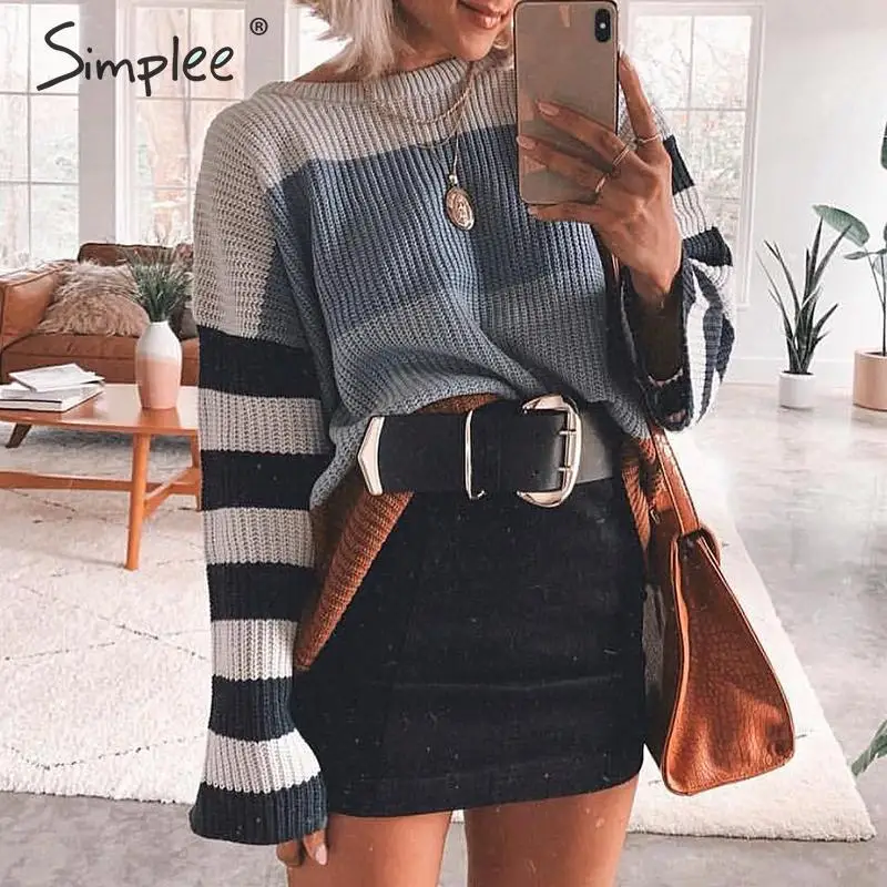 Simplee полосатый Повседневный пуловер с круглым вырезом женский свитер осень зима