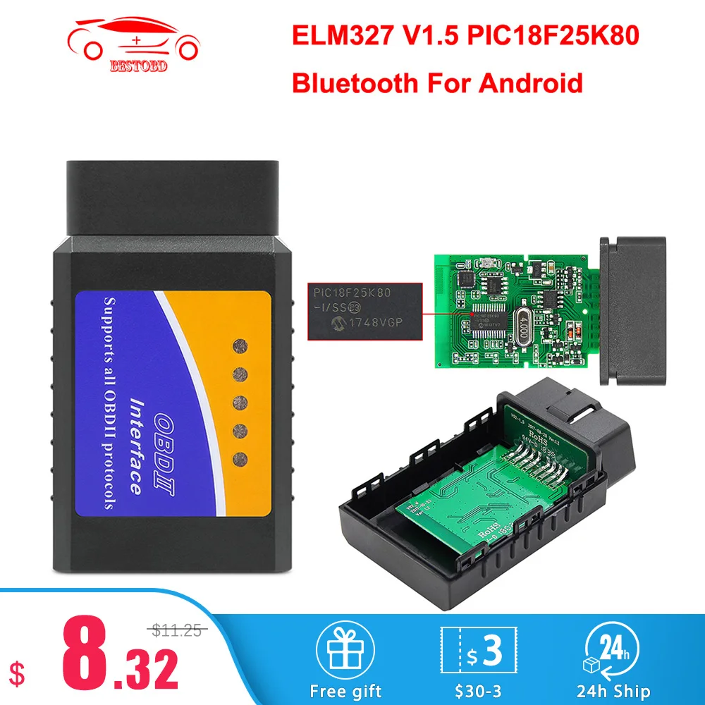 Автомобильный диагностический сканер V1.5 ELM 327 OBD2 Bluetooth PIC18F25K80 для Android OBDII