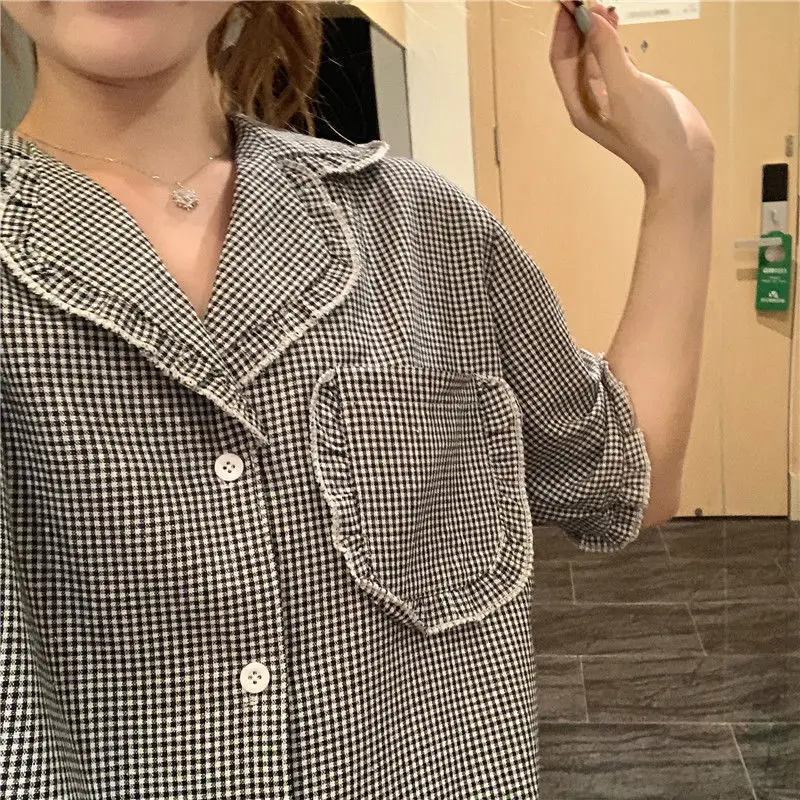 

Pajama Sets Women Korean Style Loose Trendy Summer Short Sleeve Ins Plaid Two-piece Sleepwear Lovely Simple Friends Soft Pockets