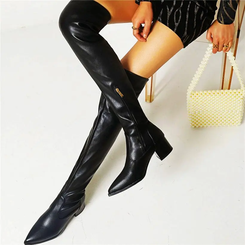 

Punk Goth Women's Thigh High Boots Over the Knee Pointed Toe Mid Cuban Heel Tall Long Booties Party Pumps 33 34-43