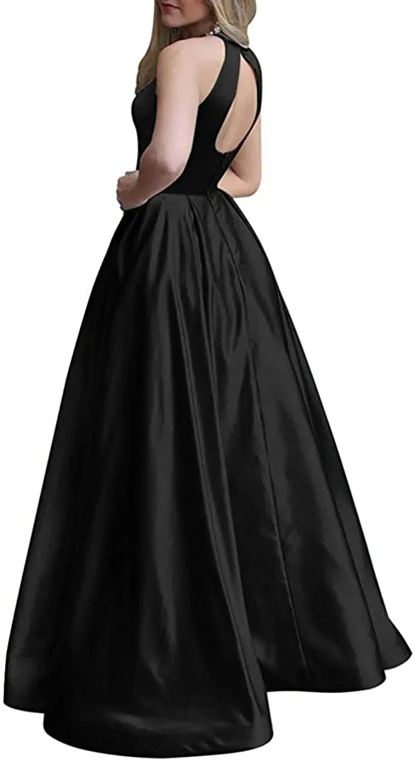 

Women's Long Beaded Halter Satin Prom Dress A Line Open Back Evening Gowns with Pockets