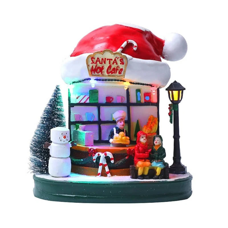 

Christmas LED Lighted House Resin Ornament Musical Animated Streetlight Coffee Village Scene Xmas Holiday Party Tabletop