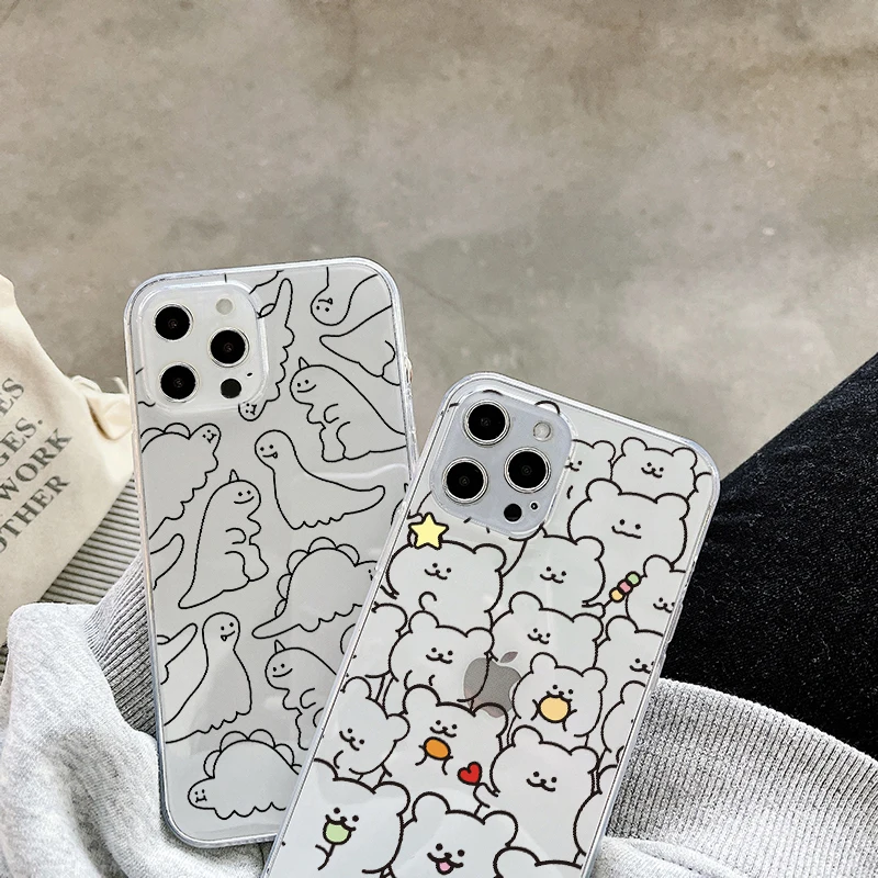 

Cute Line Dinosaur Bear Phone Case For Samsung A72 A52 A51 A70 A30 A21S S21 Ultra S20 FE S9 S10 plus Note 20 8 9 10 Clear Cover