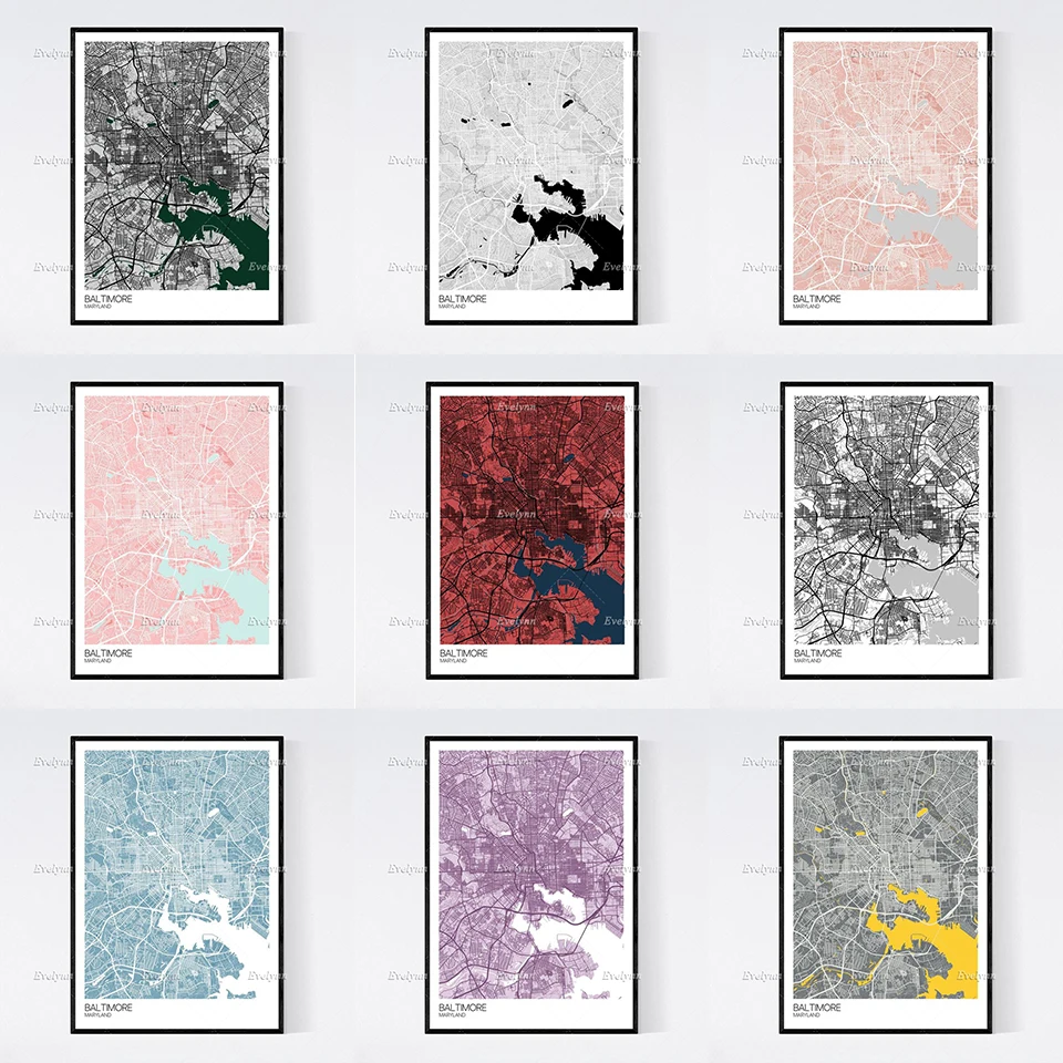 

Baltimore, Maryland Map Nordic Retro Minimalism Painting Posters and Prints on Canvas Wall Art Modular Pictures Home Decor