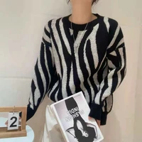 women vintage sweater fashion zebra stripe knitted o neck pullover tops autumn winter female loose jumper knitwear clothes