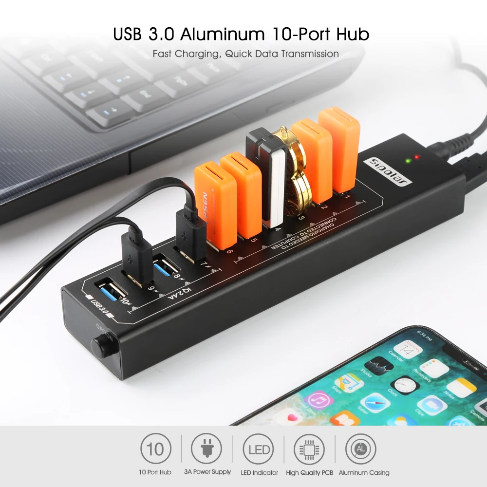 Sipolar Metal 10 портов usb 3,0 концентратор с 12V3A адаптер питания 2.4A usb зарядное устройство концентратор usb зарядная станция для ПК телефона ноутбука