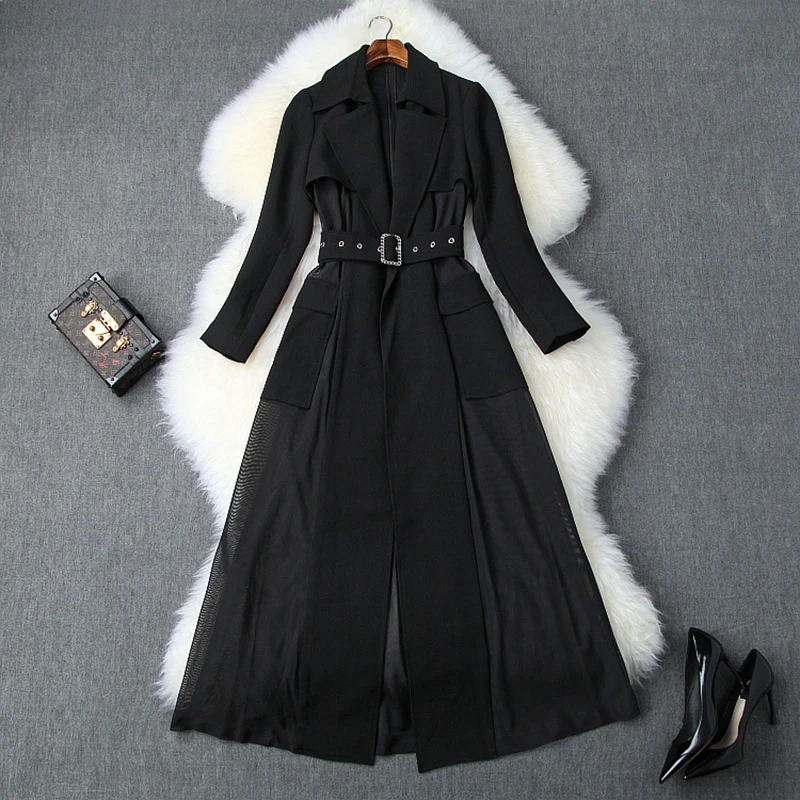 Черная белая ветровка Женская мода весна осень тонкий пояс сетка лоскутное