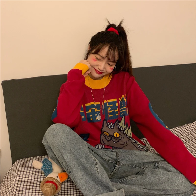 Свитер женский вязаный с вышивкой в стиле харадзюку | Женская одежда