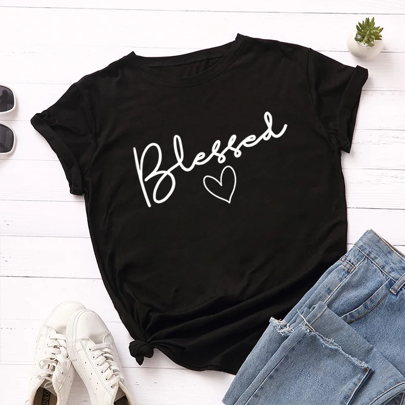 

Blessed Heart T-shirt Trendy 90s Crewneck Graphic Slogan Tee Shirt Top 100%Cotton Women Christian Easter Holiday Gift Tshirt 5XL