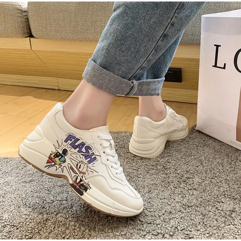 

Women Vulcanized Shoes Comfort Lace Up Thick Bottoms Cute With Cartoon Decoration Casual Light Breathable Ladies Sports Sneakers