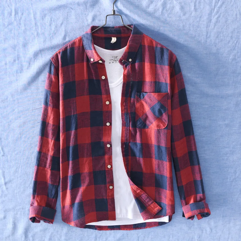 Качественная мужская льняная хлопковая клетчатая Повседневная рубашка с