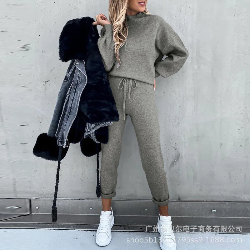 

WEPBEL Women's Fashion Solid Loose Sports Suit Autumn Winter Casual Long Sleeve O-Neck Top + Lace-up Straight Leg Pants Suit