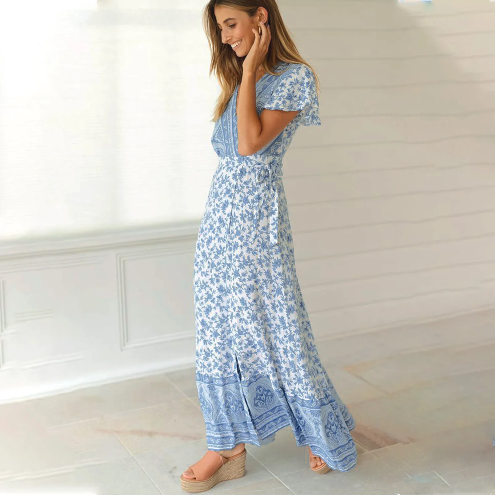 

Summer Floral Dress Women Bohemian Style Female V-Neck Short Sleeve Midi Dress Casual Long Dress Clubwear Beach Wear ropa mujer