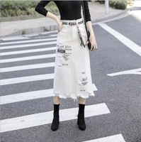 female sexy casual letter printing ripped denim skirts spring women fashion high waist large size a line hole jean skirts white