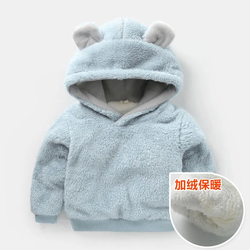 Thicken blue Теплые зимние куртки с капюшоном для маленьких мальчиков и девочек; плотные бархатные куртки кораллового цвета с рисунком медведя; кардиган; Верхняя одежда; пальто; парки - Цвет: Thicken blue