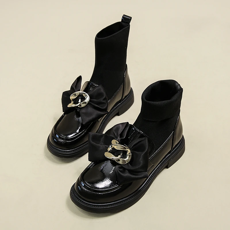 

Metal Chain Women 2022 Fashion Boots PU Leather Knitting Patchwork Slip on Socks Shoes Anti Slip Student Women Ankle Boots