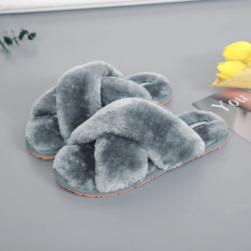 

Winter New Women Slippers Keep Warm Faux Fur Home Shoes Cross Vamp Furry Slippers Warm Flats Female Slides Cozy Woman Shoes