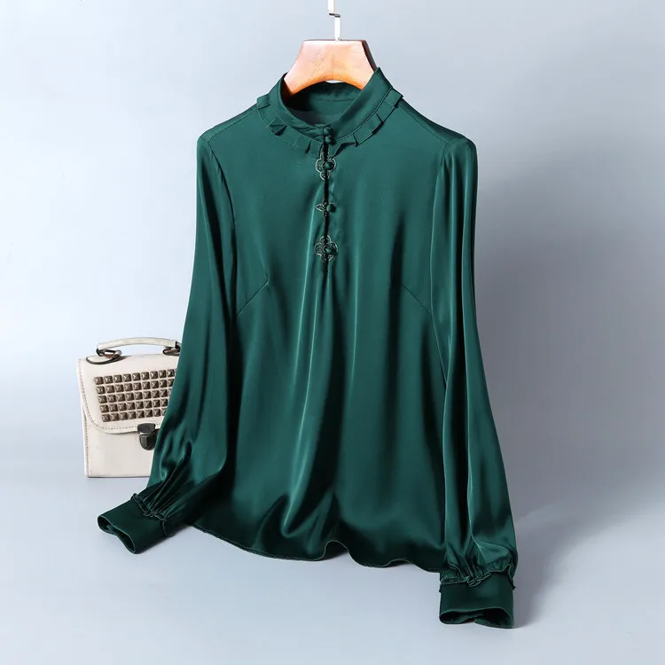 

Женская однобортная рубашка, элегантный Однотонный пуловер из 2020 шелка с воротником-стойкой и длинным рукавом, Весна 100%