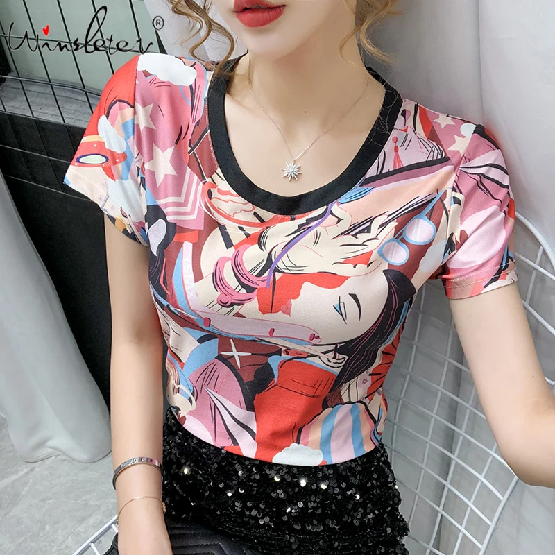 

Summer European Clothes All Match T-Shirt Sexy Print Patchwork Women Pullover Tops Bottoming Shirt Tees All Match 2021 T06805A