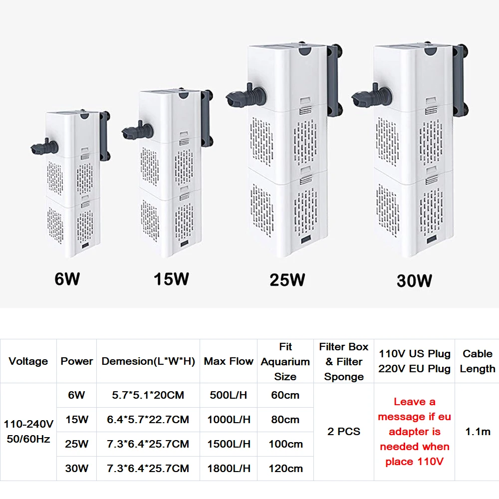 

110-240V 4 In 1 Internal Aquarium Filter Sponge Filter for Fish Tank Submersible Water Pump Wave Maker Air Aerator 500-1800L/h