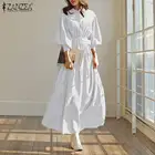 Женское Элегантное Длинное Платье макси с пышными рукавами 2021 ZANZEA, весенний сарафан с поясом, повседневный офисный однотонный длинный халат