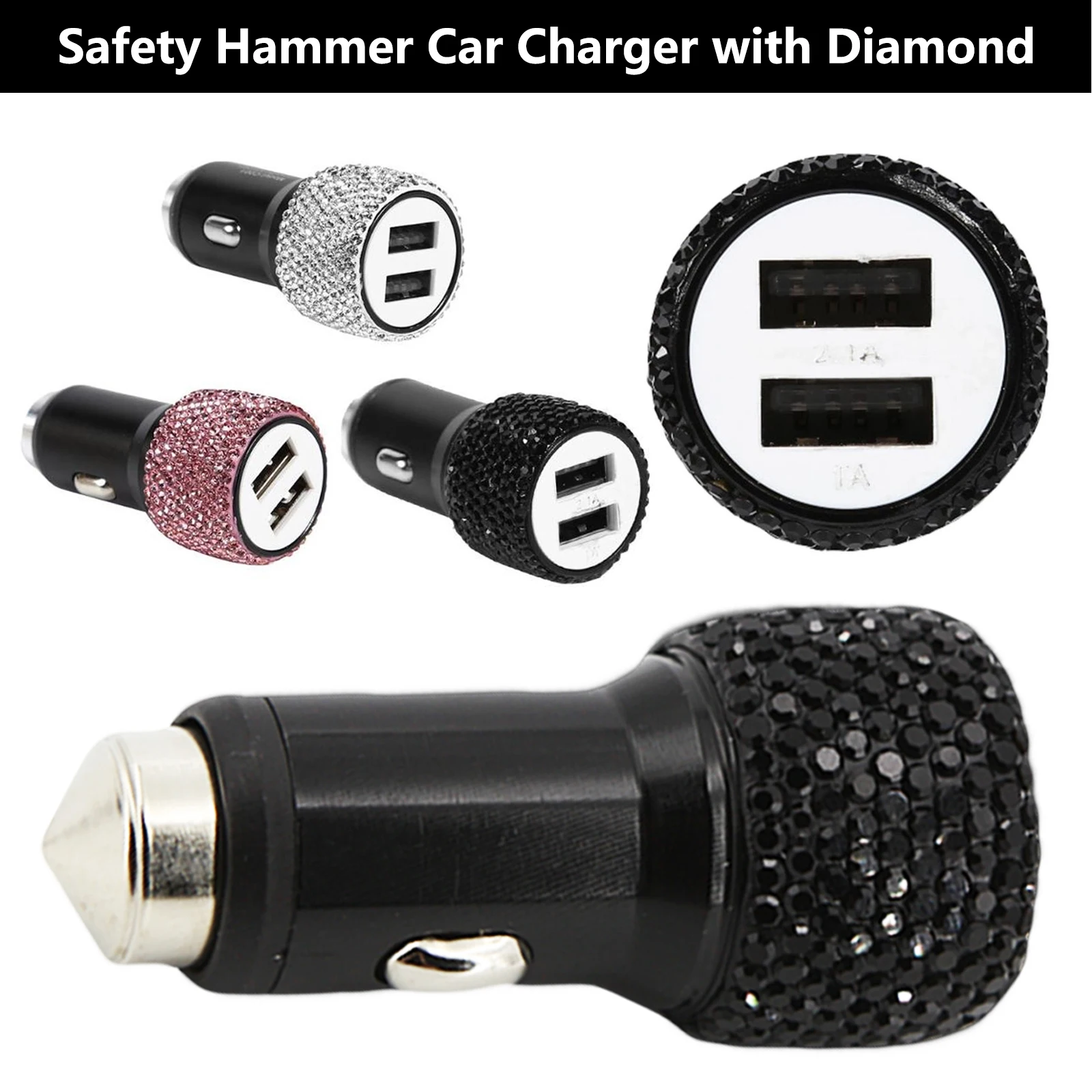

Diamond-Mounted Car Phone Safety Hammer Charger Dual USB Fast-Charged Diamond Car Phone Aluminum Alloy Car Charger
