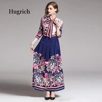 european spring and summer womens new holiday style printed ribbon collar chiffon dress