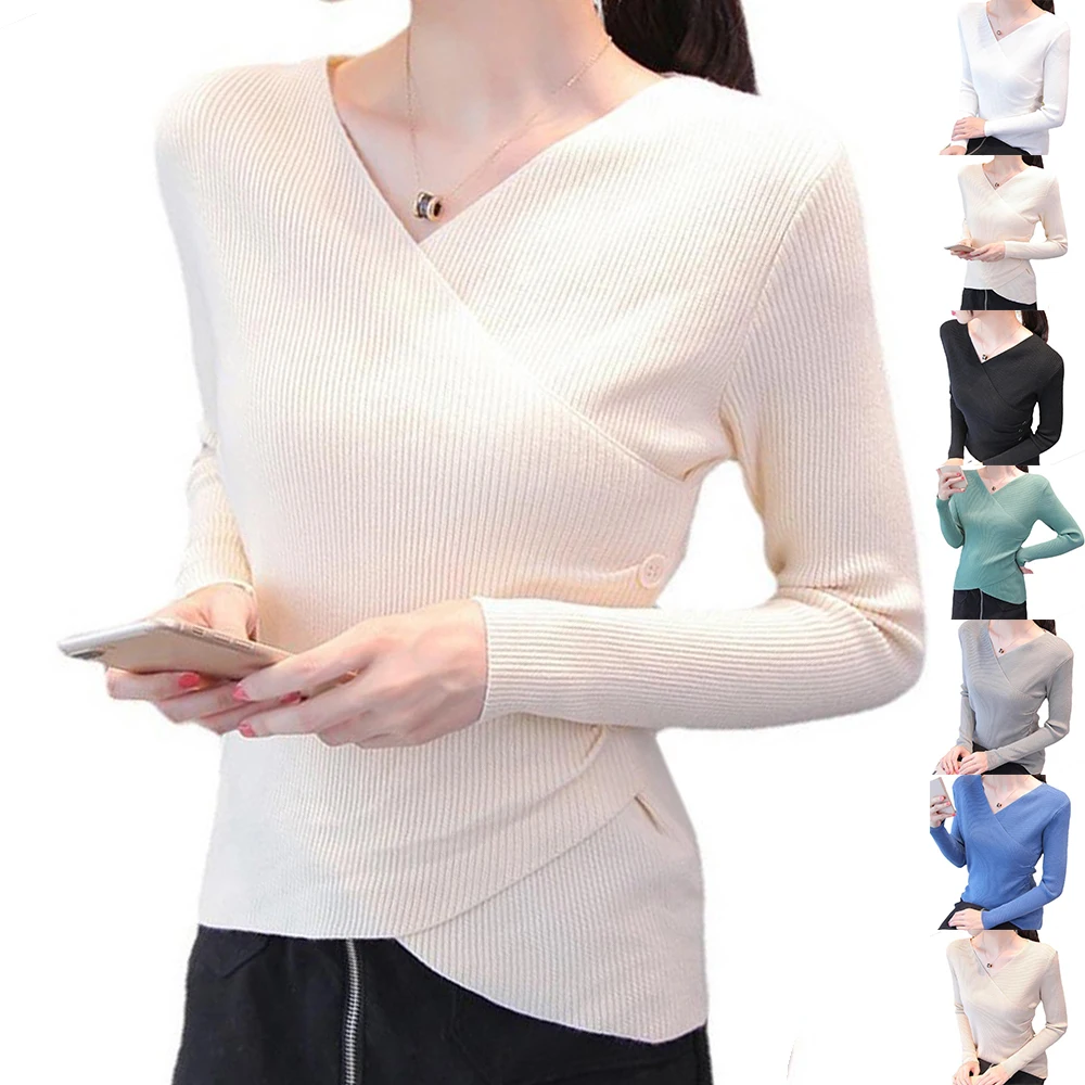 

Женская трикотажная блузка с длинным рукавом и V-образным вырезом