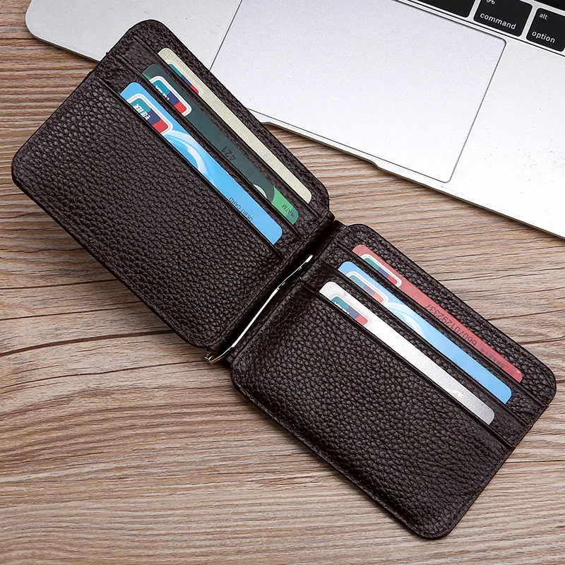 Мужской кожаный тонкий кошелек с зажимами для денег Женский однотонный