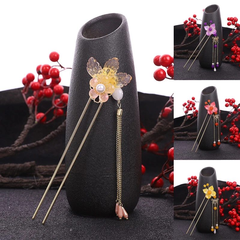 

Newest Flower Hair Forks Retro Style Long Tassels Hairpins Clips Wooden Hair Sticks Pearls Bead Step Shake Chinese Wedding Bride